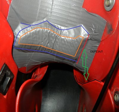 Красный линия где обрезал, так как приходил в край мыльницы (черным обвел)<br />Нижний край вставки на самом деле прямой. Оранжевая линия очерчивает зону снятия фасок: косой срез краев на половину толщины вставки.